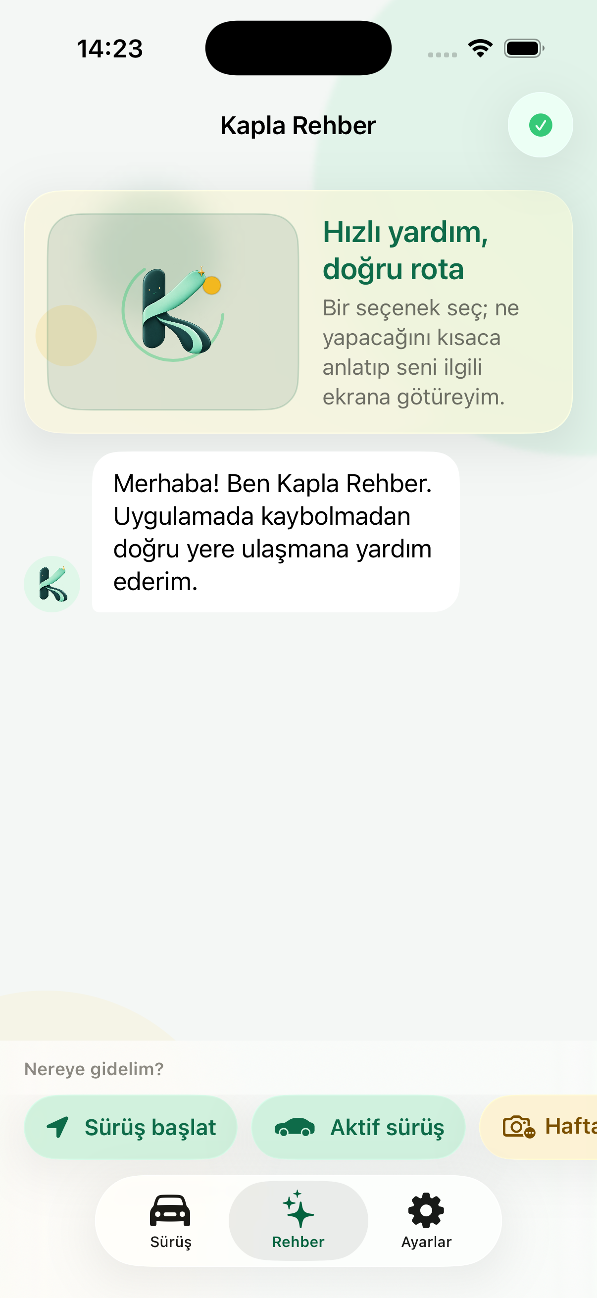 Kapla Rehber hızlı yardım ekranı