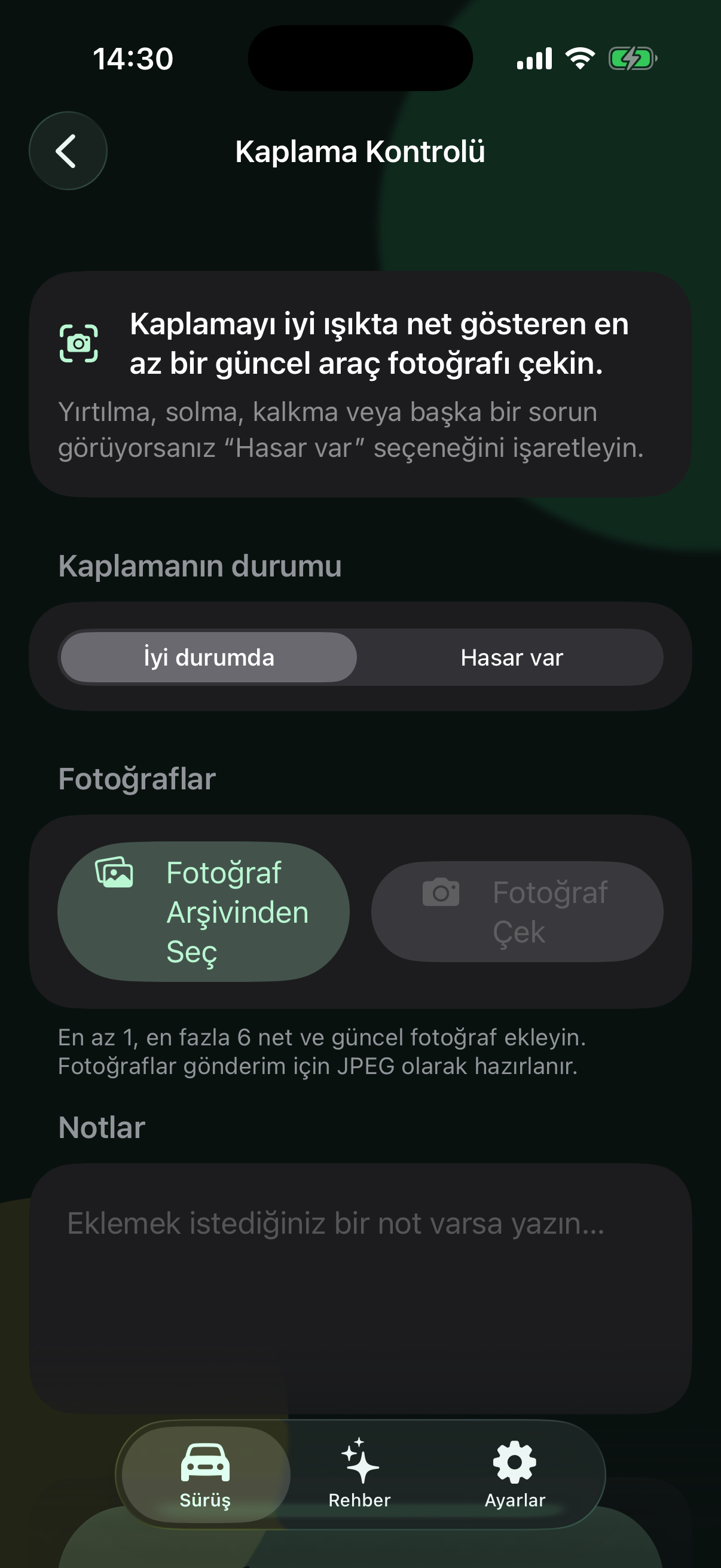 Haftalık kaplama kontrol ekranı